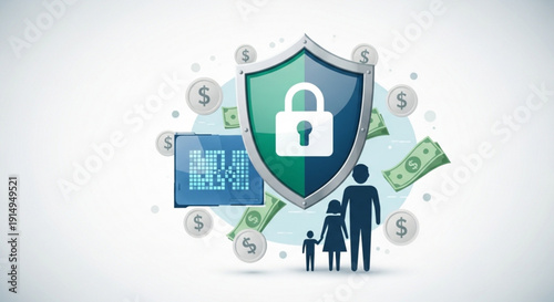 Financial security concept with shield family and money symbols representing protection and safety