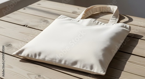 White cotton tote bag on wooden table, natural daylight, blank print area