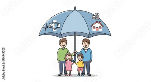 Family protected under umbrella with house money and shield symbols representing security and insurance