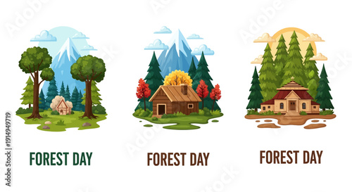 Vibrant forest scenes with cozy cabins and majestic mountains