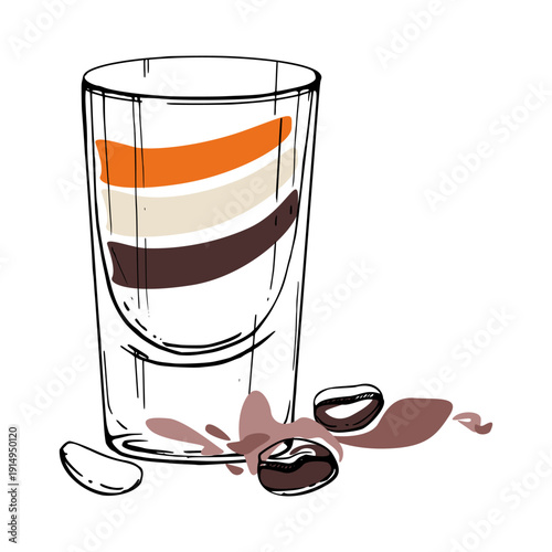 Layered vector B-52 cocktail with coffee beans garnish in beige and brown hues, clean flat fill, hand drawn ink shot glass outline. Isolated vector illustration for minimalist food and drink projects.