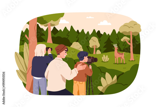 Family with photo camera in nature, wildlife photography in forest. Parents and kid observing deer, watching wild animal in wood for photograph. Flat vector illustration isolated on white background
