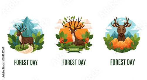 Vibrant forest day illustrations with deer in natural settings