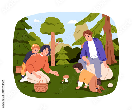 Family picking mushrooms in forest. Parents and children foraging together in autumn. Fall seasonal activity. Mom, dad and kids with baskets. Flat vector illustration isolated on white background