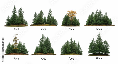 Evergreen tree clusters in various sizes for miniature landscape designs and models