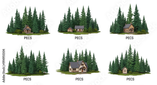 Cozy cabins in forest with pine trees and greenery