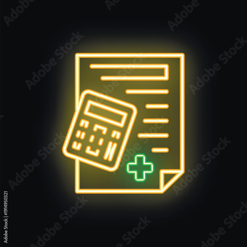 Glowing neon sign representing a medical bill with a calculator and a green plus sign