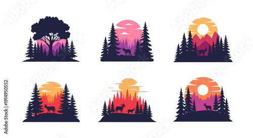 Vibrant forest landscapes with deer at sunset illustrations