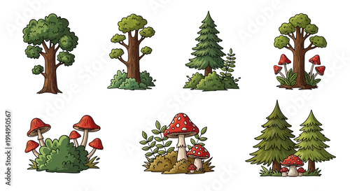 Whimsical forest scene with cartoon trees and mushrooms