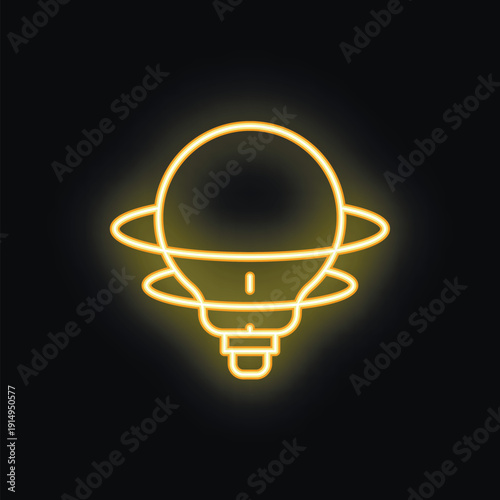 Glowing yellow neon icon of a lightbulb orbiting around a planet is representing innovative ideas