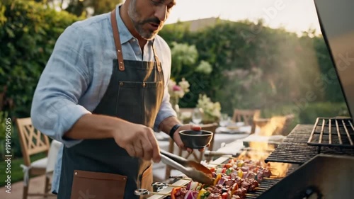 Man grilling skewers on outdoor barbecue at backyard party.