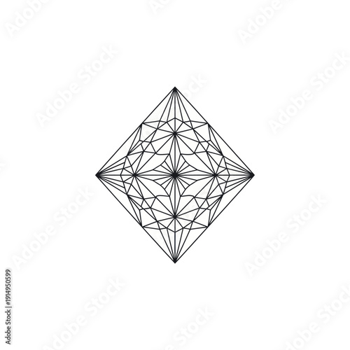 Geometric diamond shape with intricate line patterns and symmetrical design.
