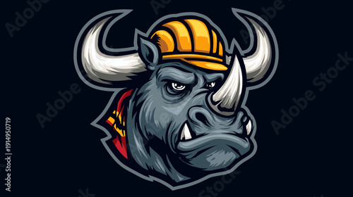 A stern, tough rhinoceros wearing a construction helmet, sporting large horns. Vector design on a dark background