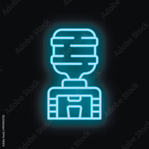 Glowing blue neon sign depicting a water cooler with a bottle, set against a dark background