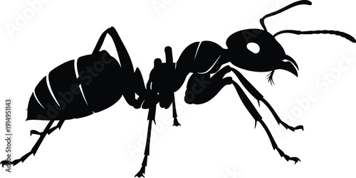 Profile silhouette of an aggressive ant marching forward with mandibles.