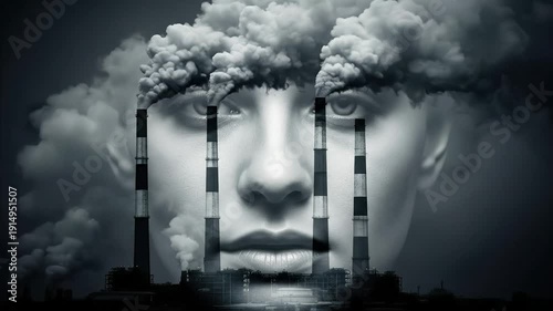 Industrial pollution engulfs human face, symbolizing environmental crisis and climate change.