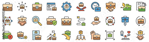 Collection of various business icons representing different aspects of work and productivity