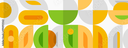 Retro pattern. Geometric shapes overlap creating vibrant, midcentury modern design. Colors include yellow, green, orange, gray.