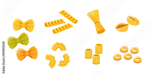 Set of different types of Italian pasta. Farfalle, rotelle, rigatoni, shell, pastina, rotini, penne, pasta, creste di gallo, gobetti rigati. Menu, banner, flyer, advertising template.