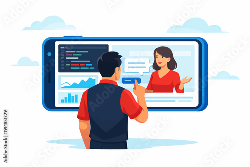 Mobile Tech Education and Video Conference. Man interacting with smartphone screen showing coding, data analysis, and virtual assistant support.