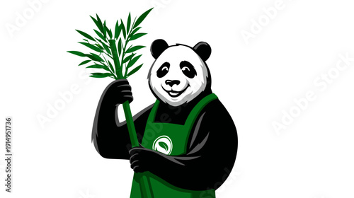 A smiling black and white bear wearing an apron, holding green bamboo against a white background