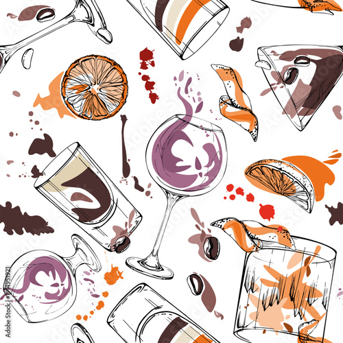 Spirits glasses and non alcoholic beverages mix. Cream, coffee and citrus juice splatter. Orange-brown drink seamless pattern in clean vector style for design kits, notebooks, wallpapers and branding.