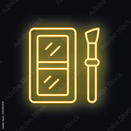 Yellow neon sign of an eyeshadow palette with applicator brush glowing on black background