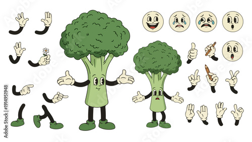 Retro cartoon broccoli characters with expressive faces and interchangeable arms and legs, perfect for vintage animation and playful design projects.