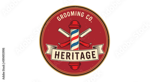 Heritage Grooming Co. Barbershop Pole Logo Emblem.