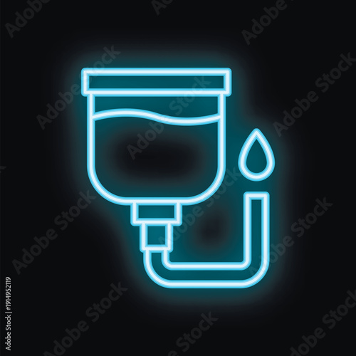 Neon blue iv bag icon glowing on dark background, representing intravenous treatment and healthcare