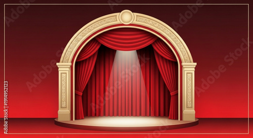 Theater stage with red curtains and gold archway spotlight shining on empty performance space dramatic lighting and elegant decor