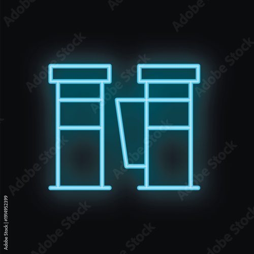 Glowing blue neon sign of a turnstile gate, commonly found at subway entrances or amusement parks