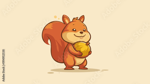 A cartoon squirrel, rendered with warm colors, clutching a golden nut, smiling