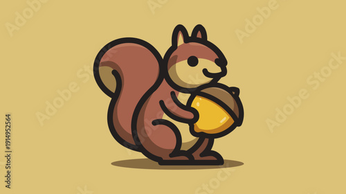 A cartoon squirrel holds a large acorn. The illustration features a solid color background