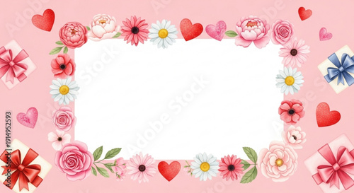 Pink floral frame with hearts and gifts on light background for valentine's day or love themed designs