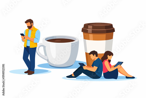 Coffee Break and Digital Lifestyle Illustration. People Using Smartphones and Tablets Next to Giant Coffee Cups. Isolated Vector Art.