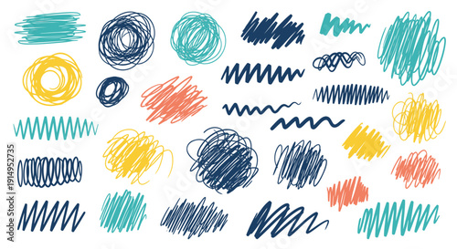 A collection of colorful hand-drawn scribbles and doodles in various shapes and lines on a white background