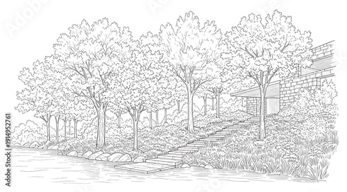 A black and white drawing of trees by a body of water