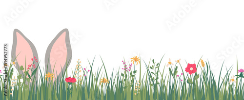 Tableau sur toile Horizontal seamless banner with a rabbit's ears in grass
