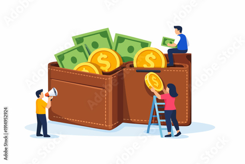 Money Saving Concept: People Depositing Cash and Coins into a Giant Wallet. Financial Growth, Investment, Budgeting, and Wealth Accumulation Vector.