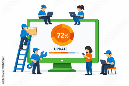 Software Update and System Maintenance Concept. IT Support Team Working on PC Installation, Upgrade, or Data Migration Process.