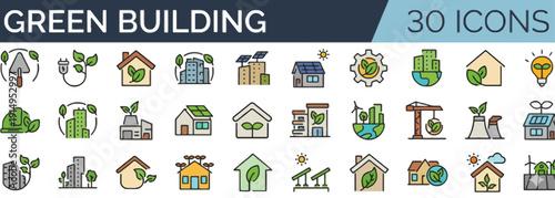 Collection of green building icons featuring sustainable architecture and eco-friendly designs in a flat illustration style