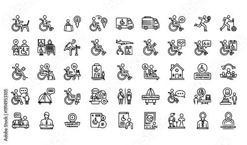 Wheelchair Lifestyle Accessibility Outline Icons Editable Stroke Disability Daily Activity Linear Vector Set