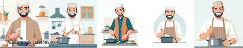 half body vector of a Muslim man cooking a menu for breaking the fast