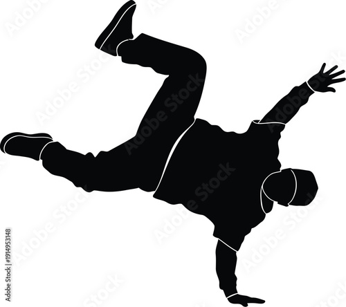 Breakdancer silhouette executes a dynamic power move, symbolizing urban.