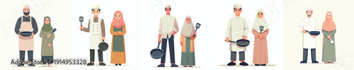 vector of muslim couple standing holding cooking utensils in ramadan