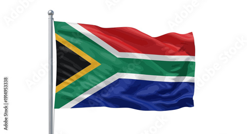 South african national flag waving on a white pole against a white background.