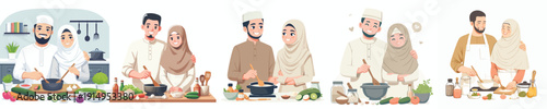 half body vector of a Muslim family cooking a menu for breaking the fast