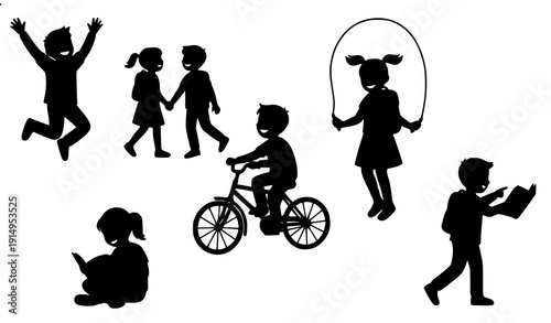Modern Kids Silhouette Collection Showing Childhood Activities and School Life Isolated on White Background