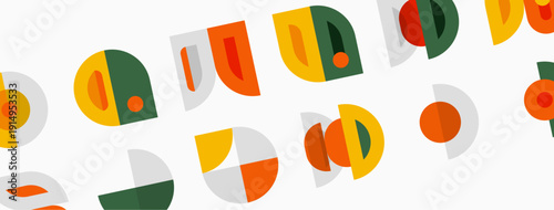 Abstract geometric shapes repeat across beige background. Circles, semicircles, arcs create midcentury modern pattern. Warm colors dominate.